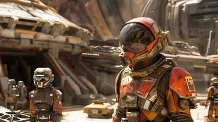 Poster - Exploring a futuristic space environment with astronauts in advanced suits and high-tech machinery