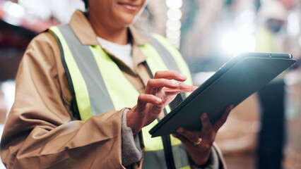 Poster - Distribution, hands and person with tablet in warehouse, quality assurance and inventory management. Digital checklist, logistics and inspector in factory for stocktaking on tech, shipping and scroll