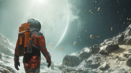 Poster - Exploring the vast expanse of outer space with a lone astronaut on a distant moon
