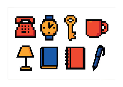 Retro office pixel art icons set – vintage, 8-bit, workplace symbols