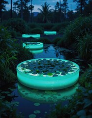 Poster - Glowing lily pads illuminating a serene pond at dusk