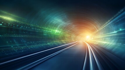 Poster - Abstract light trails in a vibrant tunnel creating a dynamic sense of speed and motion with glowing colors and bright light at the end perspective