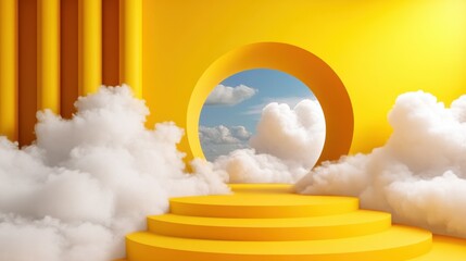 Fototapete - Yellow monochrome space with circular tunnel and drifting white clouds in 3D render