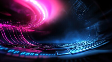 Fototapete - Futuristic 3D abstract background with blue and pink glowing lines and dark layers