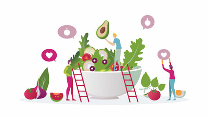Poster - People preparing a large salad with avocado, tomatoes, lettuce, and other vegetables on a white background