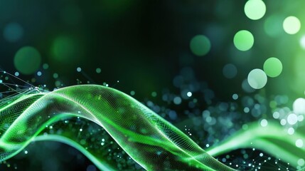 Fototapete - Green energy wave pattern flowing through 3D digital lines and nodes, computer-generated