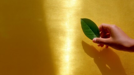 Poster - A hand delicately holds a vibrant green leaf against a golden backdrop. The contrasting colors create a striking visual. This image conveys themes of nature and harmony. AI