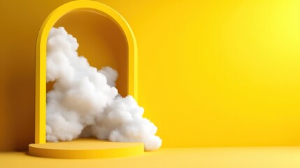 Poster - Minimal yellow background featuring dynamic tunnel and soft white clouds escaping