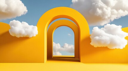Poster - Minimal yellow background featuring dynamic tunnel and soft white clouds escaping