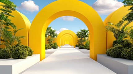 Fototapete - Modern design with bold yellow tones and light clouds emerging from central tunnel