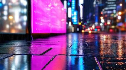 Poster - moody city night scene with glowing neon wall and shimmering street reflections