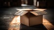 © huiying - Cardboard box placed on warehouse table under soft overhead lighting viewed from 45-degree angle with minimal background, storage and packaging concept in industrial environment for shipping and logis