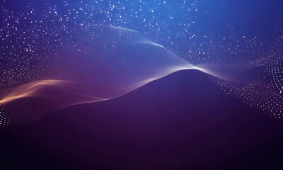 Fototapete - Abstract digital wave of glowing particles and energy flows in a dark blue background.