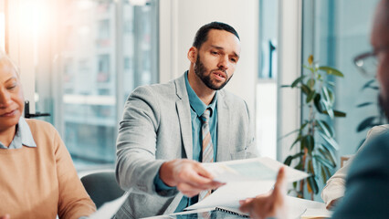 Poster - Interview, recruitment and resume with business people in boardroom of office for hiring process. Documents, human resources and opportunity with employee team speaking to candidate for job vacancy