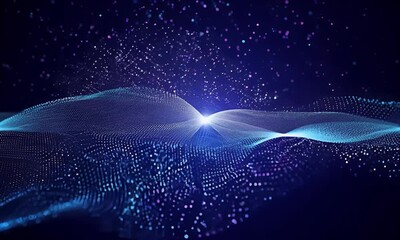 Fototapete - Abstract digital wave of glowing particles and energy flows in a dark blue background.