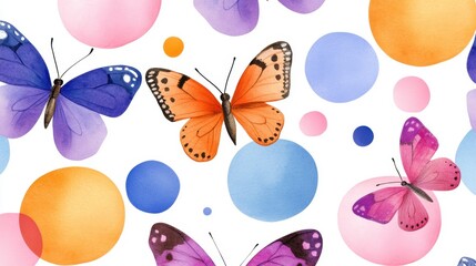 Fototapete - Seamless artistic pattern with vivid watercolor circles and whimsical butterflies