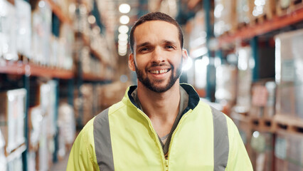 Poster - Man, portrait and smile in warehouse for logistics, export business and supply chain. Factory supervisor, safety and confident in storage facility with happiness for new distribution opportunity