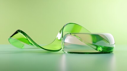 Poster - Stylized green composition with translucent ribbon and fluid mirrored base