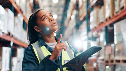 Poster - Woman, tablet and logistics at warehouse for inspection, shipping or delivery for inventory management. Cargo, freight or supply chain with digital checklist, technology and stock check at plant