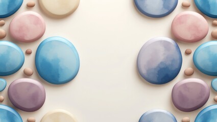 Poster - Pastel Colored Pebble Frame with Watercolor Textures and Empty Space
