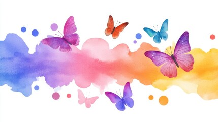 Poster - Vibrant abstract background with butterflies and rainbow dots on watercolor texture