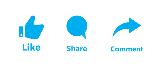 Fototapete - Like, Share and comment icons buttons set with sky color. Like icon button, thumb up, comment, repost and share icon buttons. Social media notification icon set. Vector illustration.