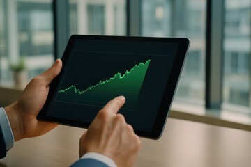 Poster - Man Analyzing Data Trends on Tablet with Financial Graphs in Modern Office Environment