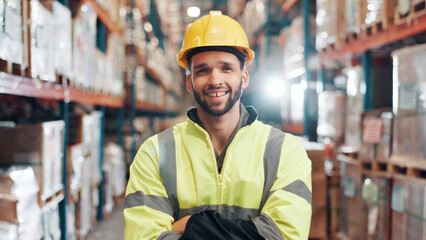 Poster - Man, portrait or confident in warehouse for logistics, export business or supply chain. Compliance supervisor, PPE and arms crossed in storage facility with happiness for new distribution opportunity