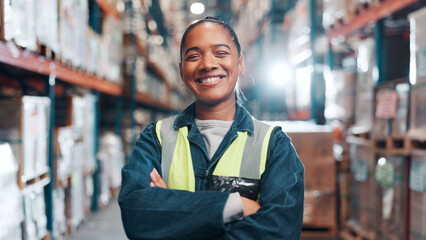 Poster - Woman, portrait and confident in warehouse for logistics, export business or supply chain. Factory supervisor, happy or arms crossed in storage facility with backlog management for commercial freight