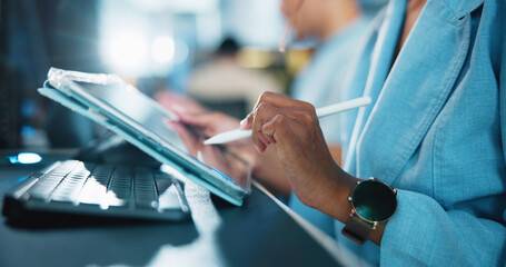 Poster - Tablet, developer and pen with hands of person in office for game designer, coding app and ux update. Software development, graphics upgrade and level gameplay with closeup of employee in agency