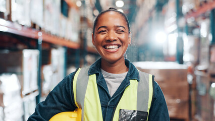 Poster - Woman, portrait and happy in warehouse for logistics, export business and supply chain. Compliance supervisor, PPE and excited in storage facility with confidence for new distribution opportunity