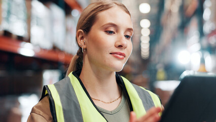 Poster - Woman, tablet and distribution for inspection at plant, inventory management or quality assurance of warehouse. Logistics app, digital delivery schedule or report with person, cargo and freight