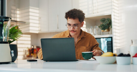 Aufkleber - Remote work from home, laptop and man with coffee, online reading and research for article. Person, freelance writer and journalist in kitchen, cappuccino or internet with website for editing or app
