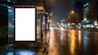 © Екатерина Чумаченко - Blank vertical advertising poster mockup at bus stop. Out-of-home OOH billboard media display space. City street background. Public transport branding. Night time photo in rain. People walking down
