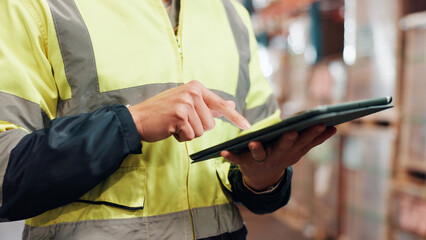 Poster - Hands, tablet and shipping person with inspection, distribution information or schedule with quality control. Logistics, digital report or delivery logs, tech and inventory management at warehouse