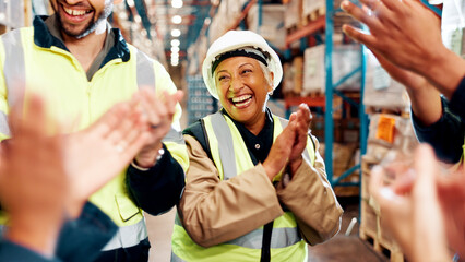 Aufkleber - Hands, applause and happy people for shipping success, team praise or support with celebration at warehouse. Delivery, logistics and collaboration goals with group, motivation and distribution win