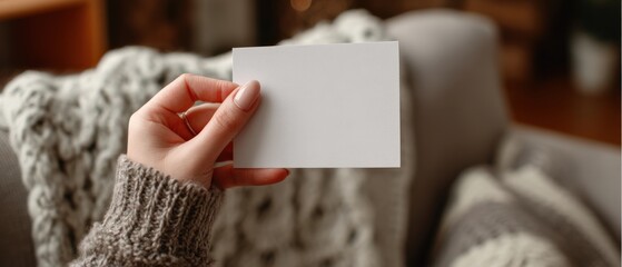 Wall Mural - woman holding blank white card mockup indoors on cozy sofa concept of invitation, message, and adver