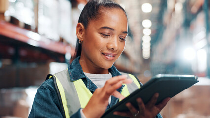 Poster - Woman, tablet and logistics scroll at warehouse, shipping schedule or delivery report for inventory management. Cargo, freight or supply chain with digital checklist, tech and stocktaking at plant