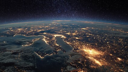 Poster - Earth at Night From Space With City Lights, Representing Global Connectivity and Infrastructure Investment, Ideal for Technology and Environmental Awareness : Generative AI