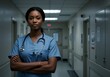 © ArtMajestic - Serious black woman doctor in blue scrubs with stethoscope standing in dimly lit hospital hallway with arms crossed. Medical professional at night shift in clinical environment, with copy space