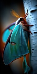Poster - Luna Moth Resting on Birch Tree Bark, Symbolizing Natural Beauty and Environmental Conservation Efforts : Generative AI