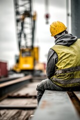 Aufkleber - Construction Worker Resting on Metal Beam at Construction Site, Representing Industrial Safety and Infrastructure Projects : Generative AI