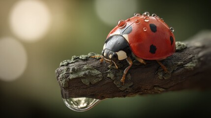 Poster - Ladybug With Water Droplets on Branch, Symbolizing Nature's Beauty and Environmental Awareness for Conservation Efforts : Generative AI