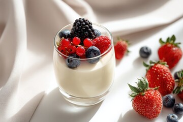 Poster - Panna Cotta Dessert With Fresh Berries in Glass, Representing Healthy Eating and Culinary Presentation for Food Bloggers : Generative AI