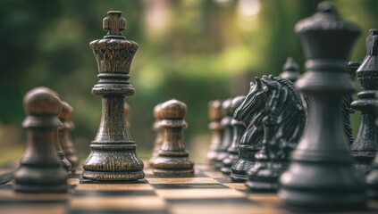 Poster - Chess Pieces on a Board in Outdoor Setting, Symbolizing Strategy, Leadership and Business Competition, Ready for Corporate Training Materials : Generative AI