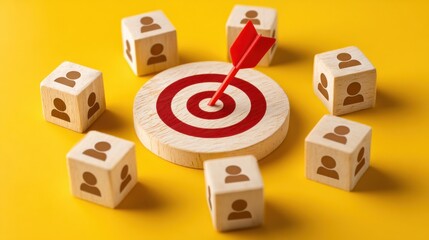 Poster - Wooden Blocks With People Icons Around Target With Arrow, Symbolizing Teamwork and Recruitment Success Strategy on Yellow Background : Generative AI