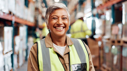 Poster - Woman, portrait and smile in warehouse for logistics, export business and supply chain. Mature supervisor, safety and confident in storage facility with happiness for new distribution opportunity
