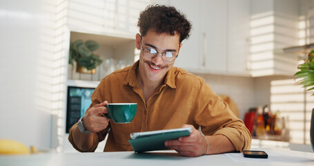 Aufkleber - Home, coffee and man with tablet, smile and online reading with morning news, email and internet. Happy, tech and person in kitchen, connection and herbal tea with social media, digital app and latte