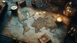 © dewpra - Vintage world map surrounded by antique navigational tools evoking exploration