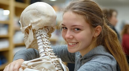 Smiling Student Examining Human Skull and Vertebrae Anatomy Model in Science Classroom